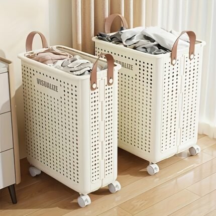 Cesto de Roupa Suja Dobrável Em Cerâmica Branca Com Rodas – Grande Capacidade, Cesto de Roupa Suja Portátil Com Alças para Armazenamento Em Banheiro e Varanda, Design Ventilado para Circulação de Ar, Acessórios para Lavanderia