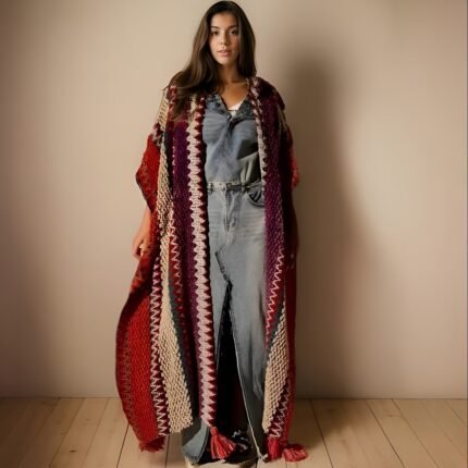 Xale Feminino de Malha Com Padrão Geométrico de Diamantes e Borlas, Estilo Boêmio Chique, Quente e à Prova de Vento Em Poliéster, nas Cores Vermelho, Bege e Branco, para Viagens e Estilo Diário, Acessório de Moda Diária, Detalhe de Borlas.