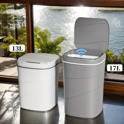 Lixeira Inteligente Avançada Com Design Listrado Inovador – Sem Fio, Tampa de Abertura Rápida para Sala de Estar, Quarto, Cozinha, Banheiro e Resíduos de Toalete – Perfeita para Lenços de Papel, Cabelo, Cosméticos e Itens Domésticos, Suporte para Saco de Lixo.