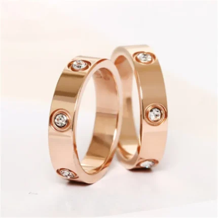 Moda Aço Inoxidável Rosa Ouro Cor Amor Anel para Mulheres Homens Casal CZ Anéis de Cristal Marca Luxo Jóias Presente Casamento KK050.