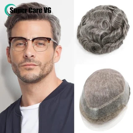 Peruca Masculina Marrom Cinza 450, Renda Confortável, Unidades Mono e Pu, Perucas de Cabelo Humano para Homens, Peruca 7x 9/8x10, Prótese de Substituição.