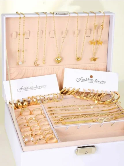 57 Pçs / Set Conjuntos de Jóias de Moda para Mulheres Metal Rosto Largo Brincos Colares Pulseiras Tornozelos Anéis Combinações.