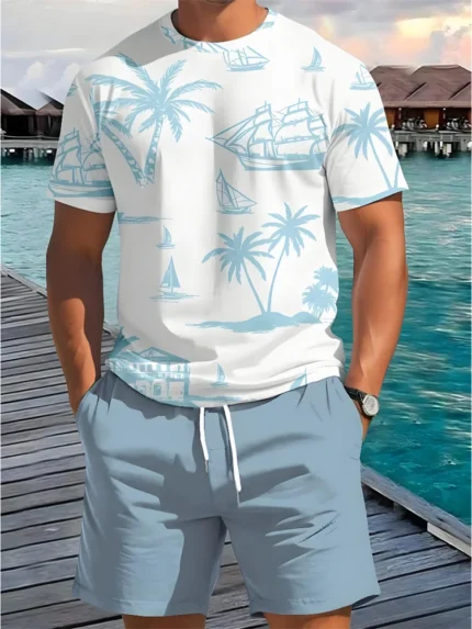 Verão Duas Peças Verão Casual Diário Masculino Shorts de Manga Curta Conjunto Hawaii Impresso Camiseta Masculina Esportes Ao ar Livre Masculino.