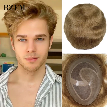 Mono Pu Masculino Peruca Gengibre Amarelo Moda Escolha Prótese Capilar Masculino 6 "Curto Reto 100% Cabelo Humano.