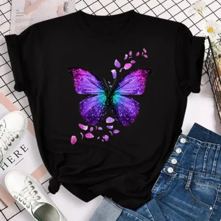 Camiseta Feminina Colorida Com Estampa de Pétalas de Borboleta, Manga Curta, Gola Redonda, Camisetas Gráficas Fofas.