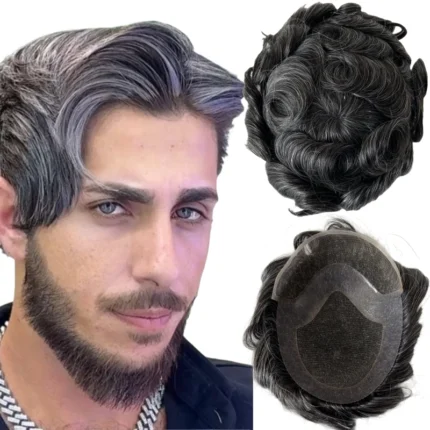 Substituição Brasileira do Cabelo Humano Virgem # 1b30 Peruca Hollywood Cinza 8x10 Renda Suíça Frontal Com Unidades Pu para Homens Brancos.
