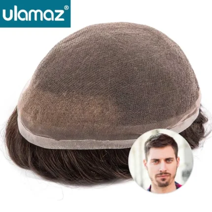 Nós de Lixívia Frente do Laço Masculino Prótese de Cabelo Homem Peruca Cabelo Humano Peruca de Renda Francesa Perucas para Homens Sistema de Cabelo de Renda Completa Peruca Masculina.