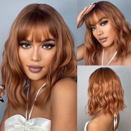 Henry Margu Vermelho Cobre Gengibre Perucas Sintéticas Com Franja Onda de Água Média Natural Bob Perucas de Cabelo Diário para Mulher Resistente Ao Calor.