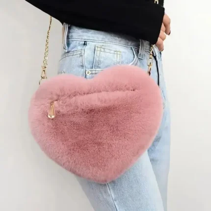 Bolsa de Ombro Feminina Forma de Coração, Crossbody Bolsa de Pelúcia Com Zíper.