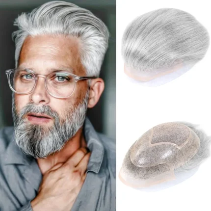 1b40/60/80 Cinza Sistema de Substituição de Cabelo Masculino Mono PU Frente do Laço Masculino Peruca para Homem Cabelo Humano 130% Densidade.