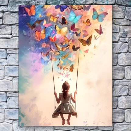 Impressão Em Tela de Balanço de Borboleta Excêntrica, Decoração de Parede Criativa p/ Casa, Quarto, Cozinha, Sala de Estar, Banheiro, Hotel, Café, Escritório - Sem Moldura, 30,48 x 40,64 Cm, Perfeita para Decoração de Ambiente.