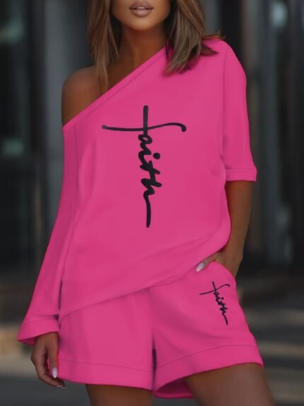 Conjunto de 2 Peças Com Estampa de Letras de Fé, Camiseta Com Ombros Inclinados e Shorts Com Cós Elástico, Roupas Femininas.