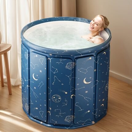 Banheira de Hidromassagem Redonda Contemporânea Dobrável e Portátil não Inflável, Com Água Quente e Fria, sem Necessidade de Eletricidade e com Espaço de Armazenamento