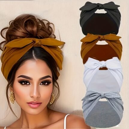 Faixa de Cabelo Grande Com Laço de Orelha de Coelho para Mulheres - Acessório de Cabelo Com Laço Elástico na Cintura e Alça Grande para Ioga, Academia, Traje Casual - Faixa de Cabelo para Todas as Estações Em Preto, Marrom, Branco, Cinza, Bege - Faixa de Cabeça Antiderrapante para Treinos Com Tranças, Coques e Rabos de Cavalo - Cor Sólida.