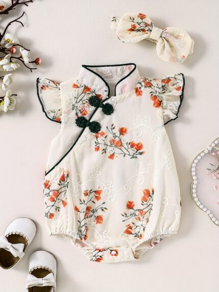 Body Estilo Cheongsam Bordado Com Flores para Bebê, Macacão Triangular Estiloso Com Gola Alta e Manga Curta, Roupa para Atividades Ao ar Livre para Bebês e Meninas, Como Presente.