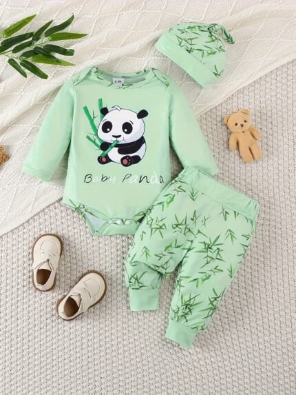 Conjunto de Três Peças Finas Com Estampa de Panda para Recém-Nascido, Blusa de Manga Comprida + Calça + Chapéu p/ Primavera e Outono, para Atividades Ao Ar Livre.