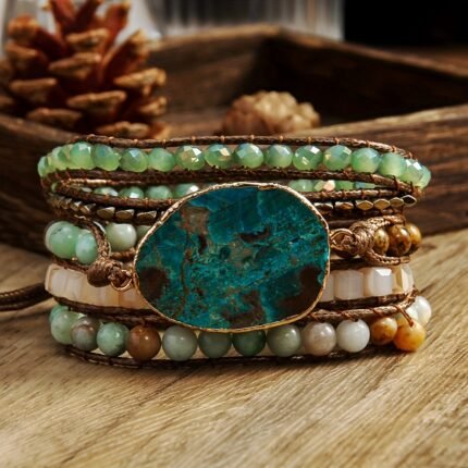 Pulseira de Pedra Natural Estilo Boho para Férias - Cordão Trançado Com Miçangas Multicamadas - para Uso Diário no Verão e Ocasiões Especiais para Presente - Tema de Ação de Graças - Sem Revestimento, Contas de 6 mm.