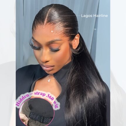 Peruca Feminina de Renda Frontal 360, Cabelo Humano Virgem Brasileiro, Pré-arrancado, Linha Capilar Longa e Reta, Renda Frontal 360 Com Cobertura Total de Renda, Sem Volume para Eventos Diários e Especiais - Adequada para Todos os Tons de Bege Claro, Peruca Versátil e Elegante.