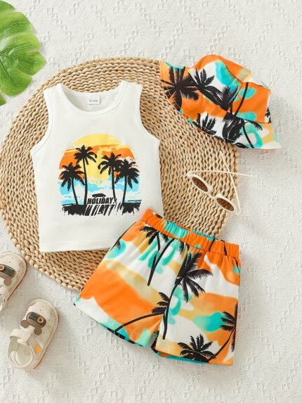 Conjunto de 3 Peças de Roupa de Praia Tropical para Meninos da Coviviky - Regata Com Estampa de Palmeira "Mommy's Little For Man", Shorts Coloridos e Chapéu Em Poliéster, Cós Elástico - Lavável à Máquina para Diversão no Verão, Acessórios de Praia, Perfeito para Atividades Ao ar Livre.