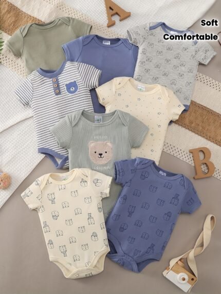 Conjunto de 8 Peças de Macacão de Verão para Meninos, Confortável, Macio e de Manga Curta, Com Estampa de Desenho Animado, e Conjuntos de Roupas para Casa e Atividades Ao Ar Livre, Perfeitos para Atividades Ao Ar Livre.