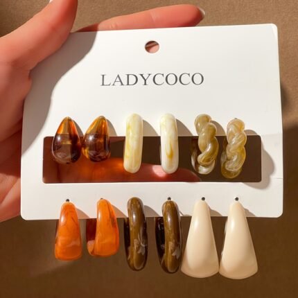 6 Pares de Brincos Elegantes de Acrílico Geométricos Em Formato de "C" Em Tons Pastel e Terrosos - Hastes de Aço Inoxidável, Perfeitos para Uso Diário e Presentes, Brincos para o Dia a Dia | Estilo Boêmio | Brincos Duráveis.