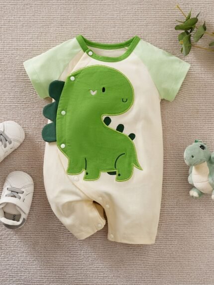Macacão Curto Com Estampa de Dinossauro Verde, Manga Curta, Gola Redonda, Simples, Primavera e Verão, para Bebês e Crianças Pequenas, para Atividades Ao ar Livre.