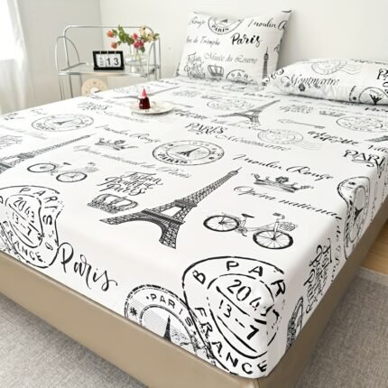 Lençol de Baixo Com Estampa da Torre Eiffel de Paris - Tecido Macio e Escovado, Respirável e Lavável à Máquina, Vários Tamanhos, Design Com Cobertura de 360°, Fronha Não Inclusa, Estampa da Torre Eiffel, Material Hipoalergênico.