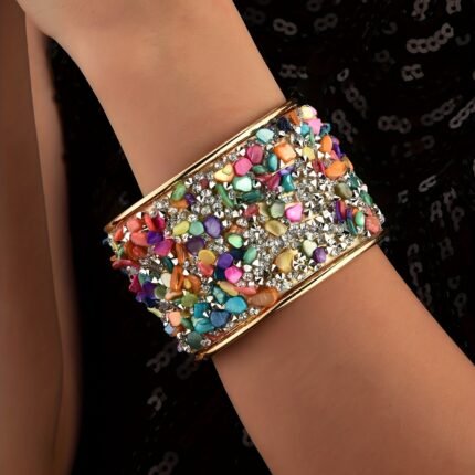 Pulseira Feminina de Liga de Ferro Colorida Com Concha Natural de Vidro e Strass Aberta de Aba Larga para Presente.