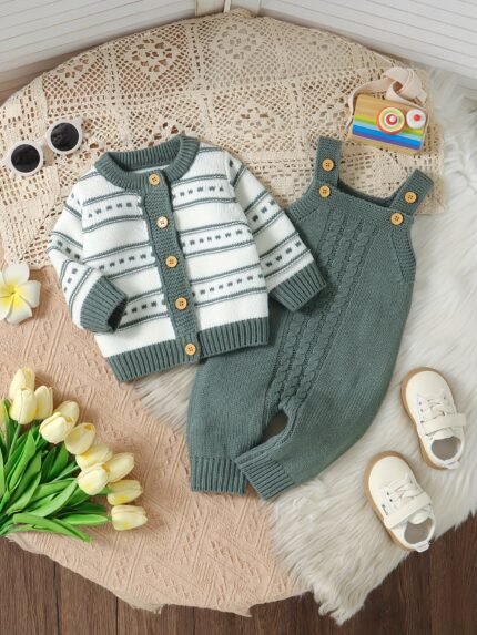 Macacão Infantil e Infantil Com Suspensórios para Meninos, Roupa de Escalada, Suéter Listrado Com Frente Aberta, Conjunto de Duas Peças, Perfeito p/ Atividades Ao Ar Livre.