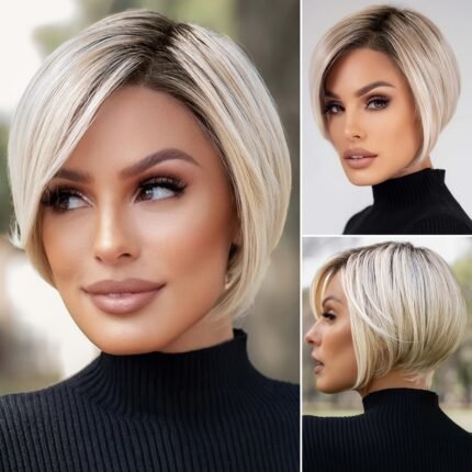 Perucas Bob Com Franja, Perucas de Cabelo Liso, Perucas Sintéticas de Fibra Resistente Ao Calor para Uso Diário Feminino, 30,48 Cm, Unissex-adulto, Touca de Rede Rosa, Densidade 100%, Fibra de Alta Temperatura.