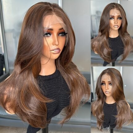 Peruca de Renda Frontal Elegante Marrom Ombré de 33,02 x 10,16 Cm Com Raízes Escuras - Fibra Lisa Natural, Resistente Ao Calor, Touca Com Ajuste Confortável, Perfeita para Uso Diário e Ocasiões Especiais, Acessório de Cabelo para o Dia a Dia | Aplique Estiloso | Fibra Resistente Ao Calor, Peruca de Cabelo.