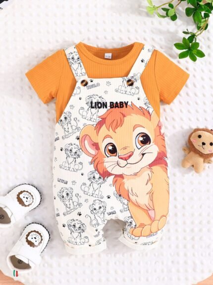 Conjunto de 2 Peças de Roupa de Verão para Meninos - Camiseta e Shorts de Manga Curta Com Estampa de Leão, Roupa de Brincar Casual Laranja e Branca Respirável, Roupa de Brincar para Meninos Lavável à Máquina, Roupas Divertidas, Material Leve, Tecido Macio, Shorts e Camiseta, para Crianças Pequenas, Perfeito para Atividades Ao ar Livre.