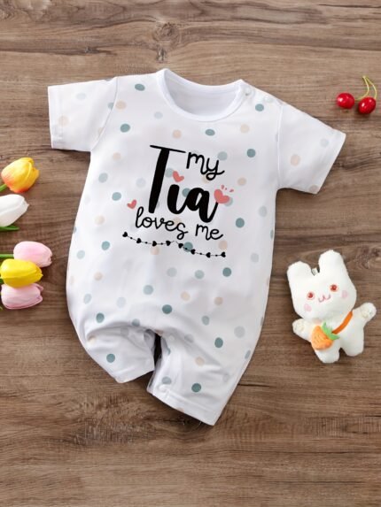 Body Estampado "Minha Tia Me Ama" para Bebê, Macacão Casual de Manga Curta, Roupa para Bebês e Crianças Pequenas, Meninos, para Áreas Internas e Externas.