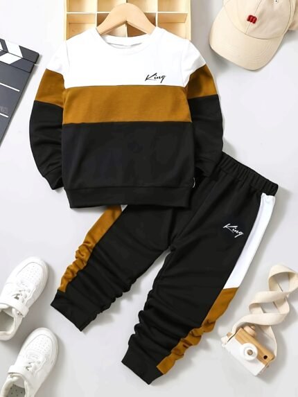 Conjunto de Suéter e Calça de Manga Comprida Com Emendas Tricolores para Crianças de 1 a 8 Anos, Outono e Inverno, Perfeito para Atividades Ao ar Livre.