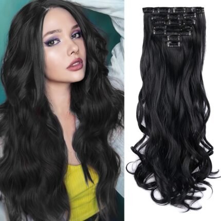 Extensões de Cabelo Com Clipe de 60,96 Cm, 7 Peças, Longas, Onduladas, Sintéticas, Pretas, e Apliques Grossos, Naturais, Macios e Invisíveis, para Mulheres, Uso Diário.