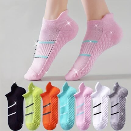 7 Pares de Meias Femininas Atléticas de Cor Sólida Com Arco no Tornozelo - Opções Multicoloridas (Rosa, Azul, Preto, Branco, Cinza, Marinho, Transparente) | Arco Respirável e Tecnologia de Estabilização do Arco | Academia, Corrida, Esportes - Opções Multicoloridas para Ajuste Semelhante Ao de Tênis e Botas.