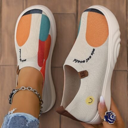 Tênis Femininos Slip-on Com Salto Bloco Colorido - Cabedal Em Tecido Macio, Sola de PVC Confortável, Design Casual de Bico Redondo para Primavera e Outono, Sapatos Fofos.