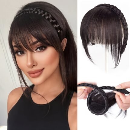 Faixa de Cabelo Com Franja Frontal Feminina - Não Precisa de Cola, Extensões de Franja Sintética Fáceis de Estilizar para Festas, Casamentos, Ensaios Fotográficos - Adição de Cabelo Com Aparência Natural para Penteados Castanhos / Pretos - Atualize Seu Penteado Instantaneamente, Acessórios de Cabelo.