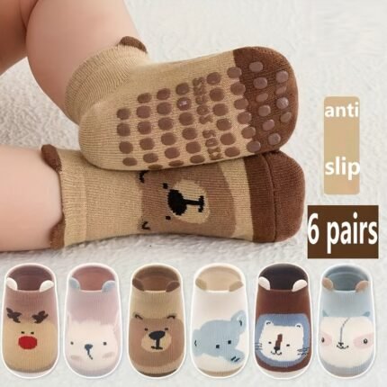 6 Pares de Meias Antiderrapantes para Crianças Com Desenhos Animados - Desenhos Fofos de Animais e Alimentos, Meias Respiráveis ​​antiderrapantes para Crianças Pequenas, Conforto Macio e Acolchoado, Brincadeiras e Aprendizado Em Ambientes Fechados para Todas as Estações, Meias para Crianças Pequenas, Calçados Infantis Divertidos, Meias Com Ajuste Elástico.