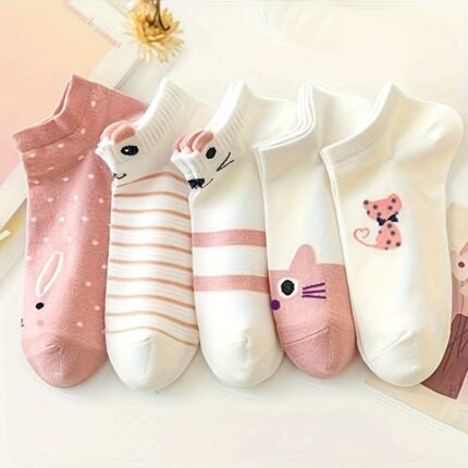 5 Pares de Meias Femininas Com Estampa de Gato Fofo - Tecido Respirável, Padrões Variados ( Listras, Bolinhas, Corações ) Em Rosa, Branco e Bege, Perfeitas para Trajes Casuais, Meias Fofas.