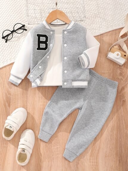 Conjunto de Beisebol Com Estampa de Letras para Atividades Ao ar Livre, Casaco Casual para Bebês Meninos, Blusa e Calças, Conjunto para Atividades Ao ar Livre, Inverno / Outono.