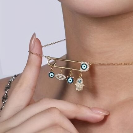 Gargantilha da Sorte Elegante e Delicada Com Pingente de Olho Grego, Mão de Hamsa e Alfinete de Segurança, Joia Mexicana para Mulheres e Meninas.