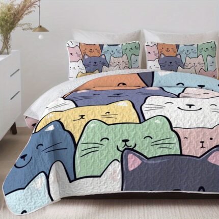 Conjunto de Cama Adorável Com Estampa de Gato de Desenho Animado (Inclui 1 Edredom e 1 ou 2 Fronhas, Sem Enchimento) - Uma Colcha Leve Adequada para Todas as Estações, Fácil de Cuidar | Lavável na Máquina e Hipoalergênica | Ideal para Quem Sente Muito Calor Ao Dormir e para Pessoas de Todas as Idades.