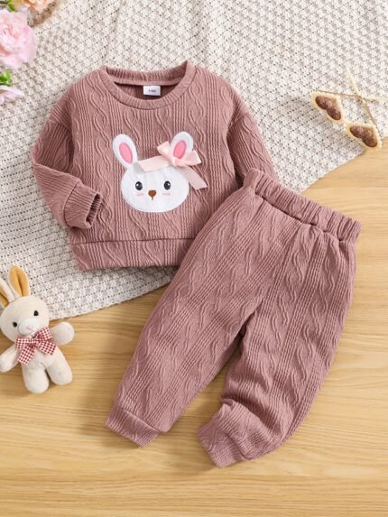 Conjunto de Blusa e Calça Lisa Confortável Com Desenho de Coelho Rosa Adorável para Meninas - Poliéster Elástico, Lavável à Máquina, Ideal para Primavera/outono, Perfeito para Atividades Ao Ar Livre.