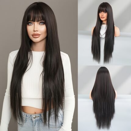 Peruca Longa, Lisa e Preta Com Franja, Alta Densidade de 150%, para Mulheres, Uso Diário Em Festas, Fibra Sintética, Resistente Ao Calor, 86,36 Cm.