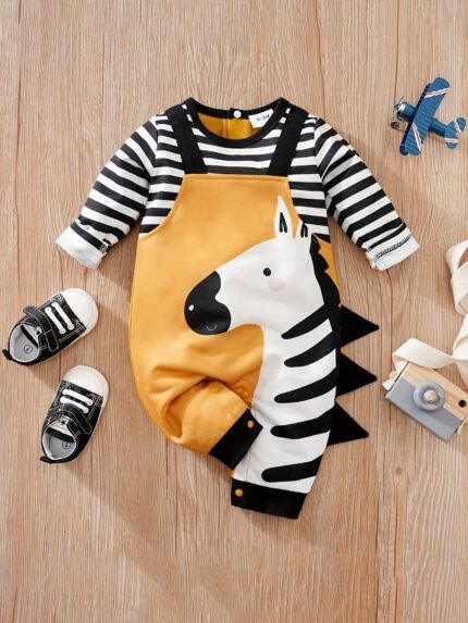 Macacão Estampado de Zebra para Bebês e Crianças Pequenas Yierying - Macacão Fofo Com Estampa de Animal e Manga Comprida Com Bolsos, Tecido Macio e Respirável, Caimento Regular para Meninos e Meninas, Roupa Casual Primavera / Outono, Roupa para Bebês, Roupa Divertida para Bebês, Roupa Confortável para Bebês, para Atividades Ao Ar Livre.