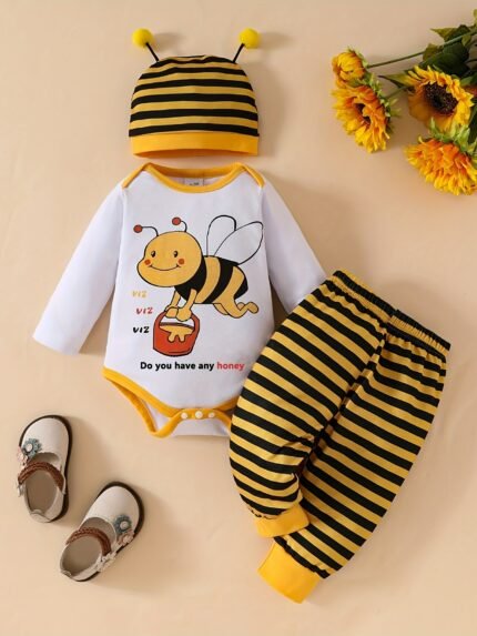 Conjunto de 3 Peças de Blusa de Manga Comprida Com Estampa de Abelha Adorável + Calça Listrada Amarela e Preta + Chapéu de Antena para Meninas, Perfeito para Outono/inverno, para Atividades Ao Ar Livre.
