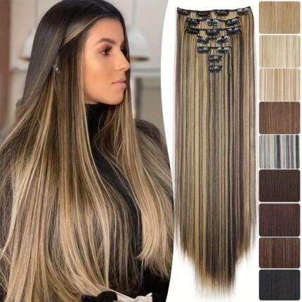 Conjunto de 7 Peças de 24 Polegadas Com 16 Grampos para Extensões de Cabelo para Mulheres, Extensão de Cabelo Liso, Fibra Sintética Resistente Ao Calor de Aparência Natural, Estilo Charmoso para Todos os Usuários, Aumenta o Volume do Cabelo.