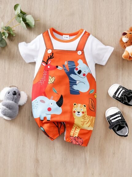 Roupa de Verão para Bebês Meninos, Macacão Fofo Com Estampa de Coala, Manga Curta e Gola Redonda, Body Infantil, Acabamento Laranja.