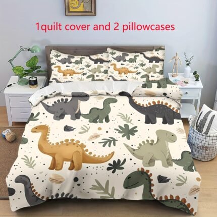 Conjunto de 3 Peças, Capa de Edredom Original de Alta Qualidade Com Estampa de Dinossauro Em Desenho Animado, Macia e Confortável (Ideal para Quarto e Quarto de Hóspedes) (1 Capa de Edredom + 2 Fronhas, Sem Núcleo).